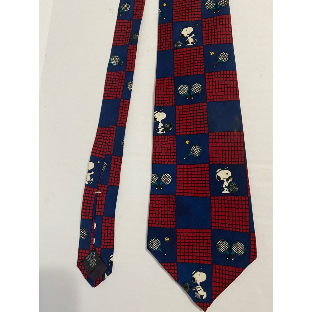 Vintage Peanuts Joe Pro Snoopy Tennis Silk Tie Red Blue Checkered Made in USA